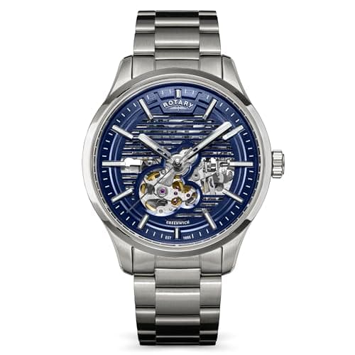 Image of Rotary Men's Greenwich Skeleton Automatic 100M Water Resistance Blue Dial Stainless Steel Bracelet Watch