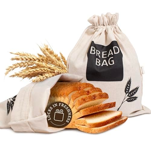 Image of 2 Pack Plastic Lined Bread Bags for Homemade Bread/Keeping Bread Fresh - Eco Friendly Linen Storage Bags - 44cm x 35cm XL