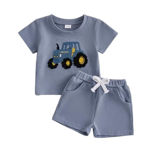 Image of Caziffer Baby Boys' Outfit Summer Casual Waffle T-Shirt Vehicle Tractor Embroidery Top and Drawstring Solid Shorts 2Pcs Playwear Clothes for Toddlers (Blue, 2-3T)