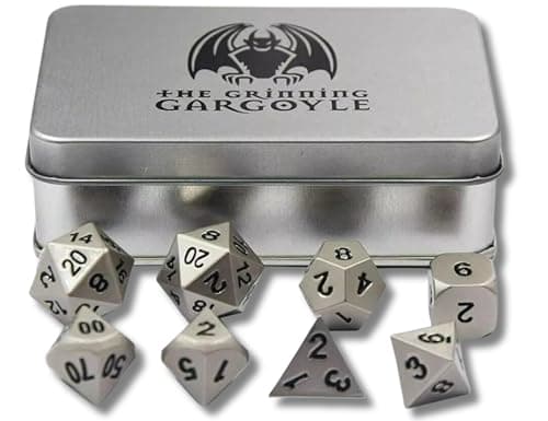 Image of Metal Dice Set with Case - Easy Read DnD Metallic Die - Includes 2x D20 - Dungeons and Dragons Roleplaying Accessory - Antique DnD Metal Dice Set (Silver)