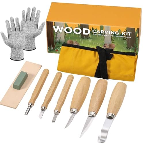 Image of Wood Carving Tools, 10 in 1 Wood Whittling Kits, Chip Carving Tools Set, with 0 Basswood Carving Block, 6PCS Whittling Tools, Gloves, Sharpener, Roll Canvas Bag, Wood Carving Set for Adult Beginners