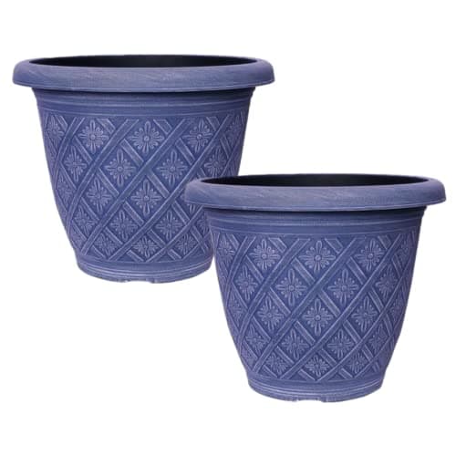 Image of Fyne-Finds Set of 2 Round 33cm Garden Plant Pot Woven Flower Outdoor Deco Planter Frost Proof, Weatherproof, Drainage Hole (Blue)