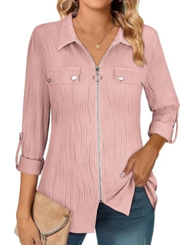 Image of Flikity Blouses for Women UK Dressy Casual Long Sleeve Shirts for Business Casual Zip Front Roll Sleeve Work Tops Professional Office Shirts Collared Elegant Formal Clothes Pink L