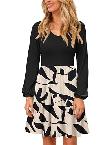 Image of PLOKNRD Women V-Neck Dress Casual Long Sleeve with Pockets Midi Elegant Tiered Ruffle Skirt A-line High Waist Apricot Black Leaves XL