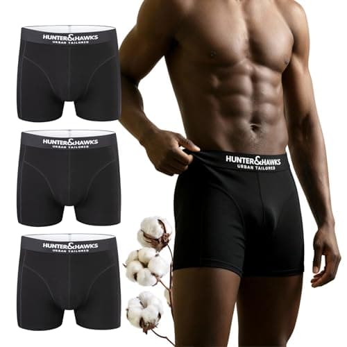 Image of Hunter&Hawks 3 Pack Organic Cotton Boxers for Men | S-6XL | Mens Underwear with Soft Waistband, Breathable and Anti Chafing Boxers Men | Enjoy Freshness through the day Black