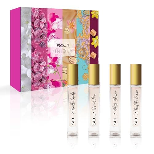 Image of So…? Unique Premium Womens Perfume Gift Set, Vanilla Candy, Sweet Pea, White Blossom, Truffle Cream, Eau De Toilette with Long Lasting Fragrance - Travel Size Mini Perfume for Girls (4 x 14ml)