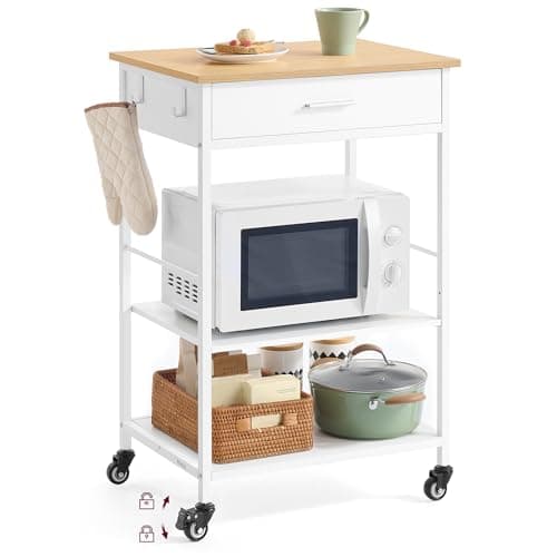 Image of VASAGLE Mobile Kitchen Island on Wheels, Rolling Kitchen Storage Trolley, 45 x 60 x 90 cm, Drawer, 2 Hooks, for Dining Room, Oak Beige and Matte White KKI007Y01