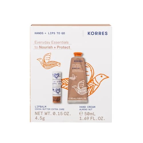 Image of KORRES Everyday Essentials Hand and Lip Care Set, Almond Nut Hand Cream & Cocoa Butter Lip Balm, Gift Set for Women, Silicone & Paraben-Free, 50 ml + 4.5 g