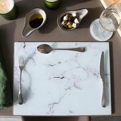 Image of Glass Chopping Board 40x30cm - White Marble Effect Tempered Glass Worktop Protector - Large Heat Resistant Kitchen Cutting Board, Non-Slip Padded Feet, Hygienic Pastry Board & Serving Platter