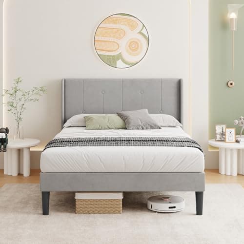 Image of Vesgantti Velvet Single Bed Frame with Adjustable Wing Edge Headboard, Solid Wooden Slats & Upholstered Platform, Easy Assembly, Under Bed Storage, Noise-Free, 3FT Single Bed, 90 x 190 cm, Light Grey