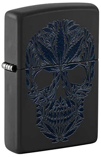 Image of Zippo Windproof Lighter - Cannabis Skull Model - Black Matte Finish with Black Light Effect - Refillable - Reusable - Windproof Design - Gift Box - Made in USA