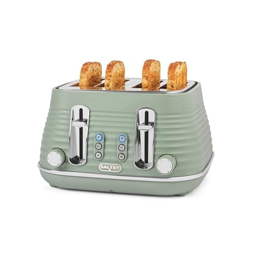 Image of Salter Ripple 4-Slice Toaster – Defrost, Reheat, Cancel, Wide Toasting Slots, Bagels/Crumpets, 6 Browning Levels, Removable Crumb Tray, High-Lift, Self-Centring, Textured Ripple Design, 1630W, Sage