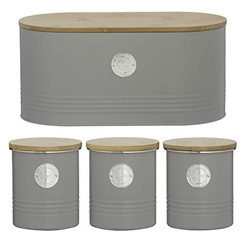 Image of Typhoon Living Grey Tea Coffee Sugar Storage Canister and Bread Bin Set with Bamboo Lids