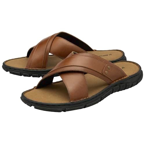 Image of DUNLOP Mens Leather Sandals Open Toe Straps - Tan - UK 9