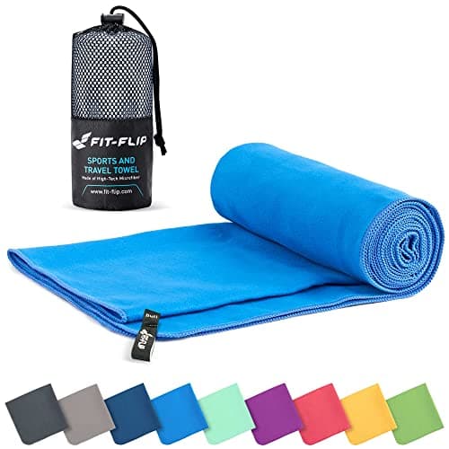 Image of Fit-Flip Microfibre towel - compact, ultra lightweight & quick dry - perfect for gym, travel & beach - swimming towels for sports, camping & hiking (30x50cm blue + bag)