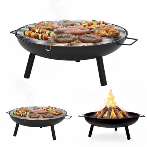 Image of Crystals 23" Large Round Steel Fire Pit Garden Patio Camping Heater Burner Bowl BBQ Gril - Matt Black (With BBQ Grill)