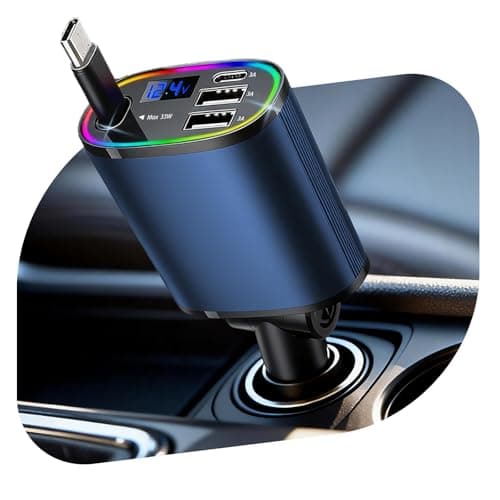 Image of Retractable Car Charger, 78W Fast 4 in 1 Car Charger Adapter, Cigarette Lighter USB Charge with RGB Light, Car Phone Charger with Type-C Cable/USB-C/USB-A, Accessories for iOS, Android, Blue
