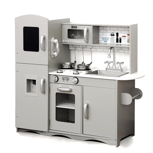 Image of Kidoz Signature Wooden Toy Kitchen, Large Pretend Play Kitchen With Realistic Oven, Microwave and Sink With Taps, Grey Kitchen Playset With Sounds And Lights For Kids