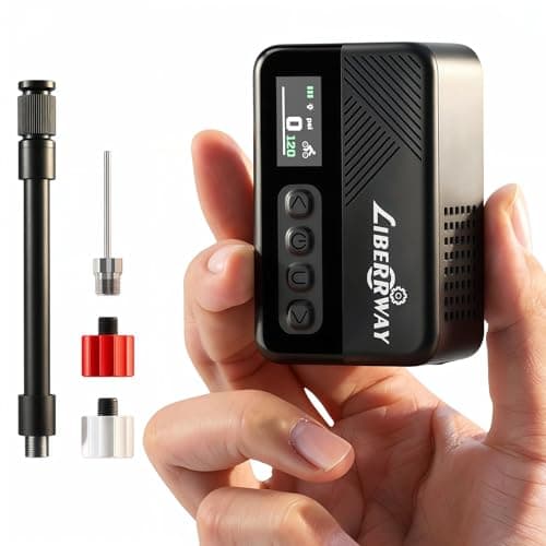 Image of Mini Electric Bike Pump 120PSI with Pressure Gauge, Auto Stop & LED Light - Cordless Portable Bicycle Pump for Road, Mountain Bike, E-Bike, City and Fat Tyre Bikes with Presta & Schrader Valve