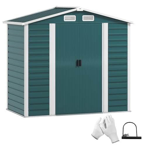 Image of Outsunny 7 x 4ft Garden Shed, Easy to Assemble, Upgraded Galvanised Steel Frame with Foundation Kit, Double Doors with Lock, Outdoor Metal Shed with Vents and Gloves, Garden Storage Shed, Green