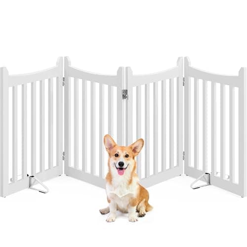 Image of Yaheetech Wooden Dog Gate Indoor 4-Panel Freestanding Pet Fence with 2 Support Feet for Small and Medium Dogs, Foldable Stair Barrier for Doorways/Stairs/Halls/Kitchen (White,61 cm H X 202cm L)