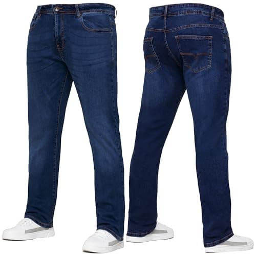 Image of 989Zé ENZO Mens Stretch Straight Leg Regular Fit Casual Cotton Classic 5 Pocket Basic Zipper Denim Jeans KZ127 Dark Blue 34W / 32L