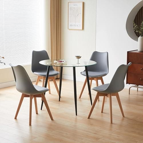 Image of Nera 90cm Round Dining Table and Chairs Set 4 with Padded Seat Cushions & Sturdy Wooden Legs for Home Office Kitchen (Table with 4 Grey Chairs, Glass Black Legs Table)