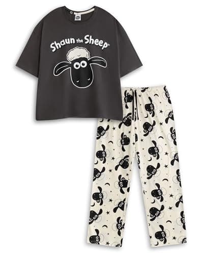 Image of Vanilla Underground Shaun The Sheep Womens Black and Cream Short Sleeve Long Leg Pyjama Set | Cartoon Print Nightwear for Sleep & Relaxation | Retro PJs featuring Shaun