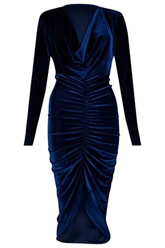 Image of Mustwearit Women Ladies Crushed Velvet Cowl Neck Long Front Ruched Midi Dress Sizes 8-26 Navy Plus Size (UK 20/22)