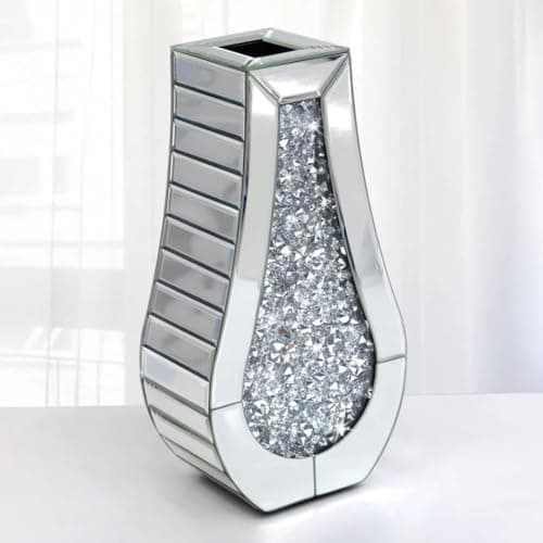 Image of Crushed Diamond Mirrored Vase, 40cm Tall, Silver Glass, Curved Shape, Decorative