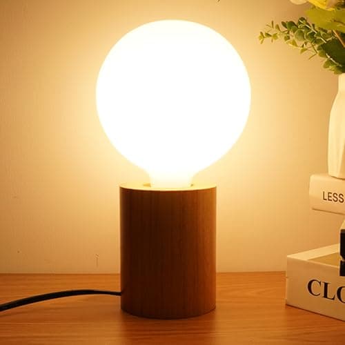 Image of Wood Table Lamps, Industrial Bedside Table Lamp, 3000K Warm White, Desk Lamp with Cable,On-Off Switch, 7W E27 LED Bulb, Non-Dimmable, Wooden Lamp Base Small Table Lamp for Living Room Bedroom