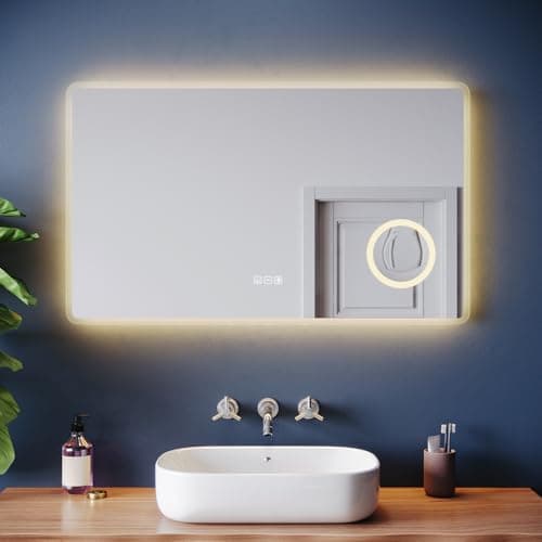 Image of ZANOFIRA Bathroom Mirror with LED Lights, Illuminated Smart Bathroom Mirror with Shaver Socket, 3 Colors Dimmable, Defogging, Touch Sensor, 3x Magnification, IP44, 100x60cm