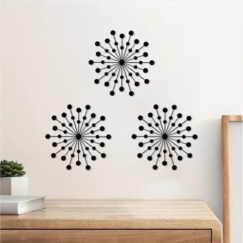 Image of DUOOLN 3 Pcs Metal Sunburst Wall Art, Minimalist Hanging Wall Decor Single Line Art, Modern Abstract Geometrical Wall Sculptures, for Living Room Bedroom Bathroom Study Room Home Decor - Black