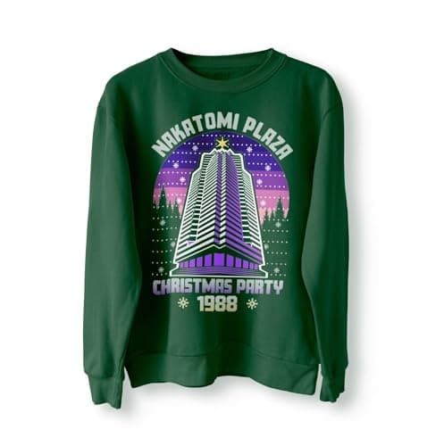 Image of BlackMacaw Nakatomi Plaza Party 1988 Christmas Jumper, Sweater, Sweatshirt, Xmas Funny 80's Die Movie Bruce_BGRN_M Bottle Green
