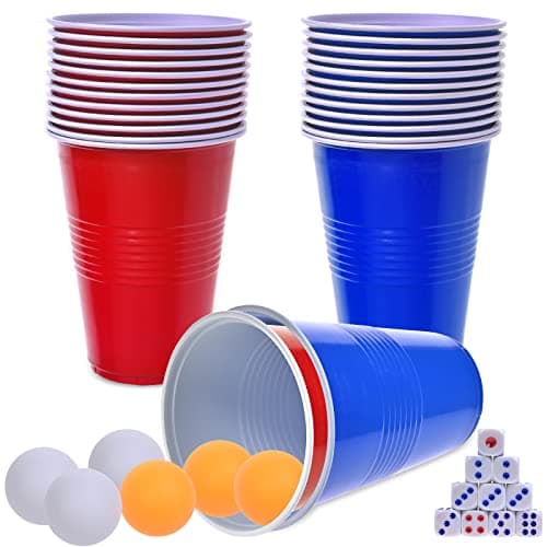 Image of Faburo Beer Pong Set, Drinking Games for Adults, Beer Pong Game Set 16oz Blue & Red Plastic Beer Pong Cups and Balls for American Party Games,Birthday Parties and Office(30 Cups,6 Balls, 10 Dice)