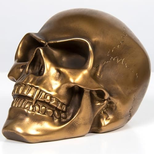 Image of THORNE ANTIQUES AND COLLECTABLES Realistic Human Skull Head Ornament Gothic Home Decor 19.5cm Rustic Antique Bronze Finish