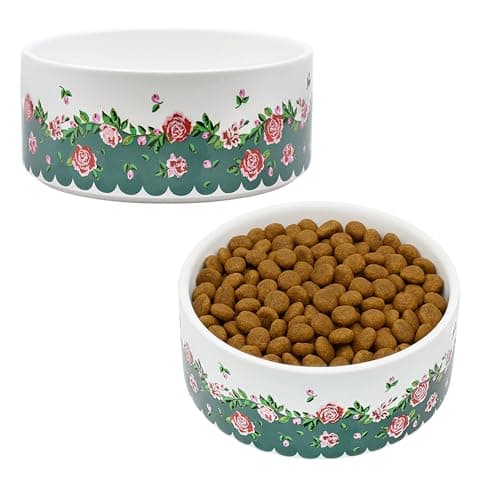 Image of Cath Kidston Set of 2 Ceramic Pet Bowls (400 ml), Dishwasher Safe Food & Water Bowl for Cats & Dogs, Naturally Weighted, Dolly Rose Floral Design | 13.5cm Diameter