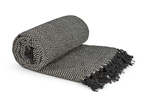 Image of Emma Barclay Herringbone - Recycled Cotton Patterned Chair Sofa Setee Bed Throw Over Blanket in Black - 50x60 (127x152cm)