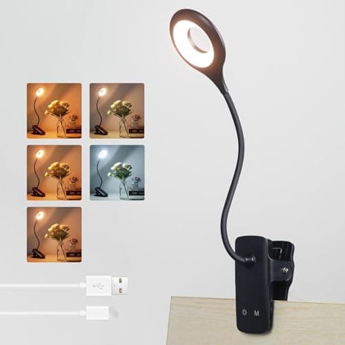 Image of Akynite 3W Rechargeable Clip on Reading Lamp, Type C Charging, 5 Colour & 5 Brightness, Touch Control Bed Lamp Flexible, Dimmable Reading Light Clip on Desk Light Portable, Black