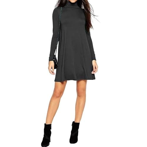 Image of BODYWEAR LTD - Ladies Swing Skater Dress Top Turtleneck Polo Roll Neck Long Sleeve - Elegant & Comfortable Women’s High-Neck Dress - Ideal for Casual and Formal Occasions (Black, 8-10)
