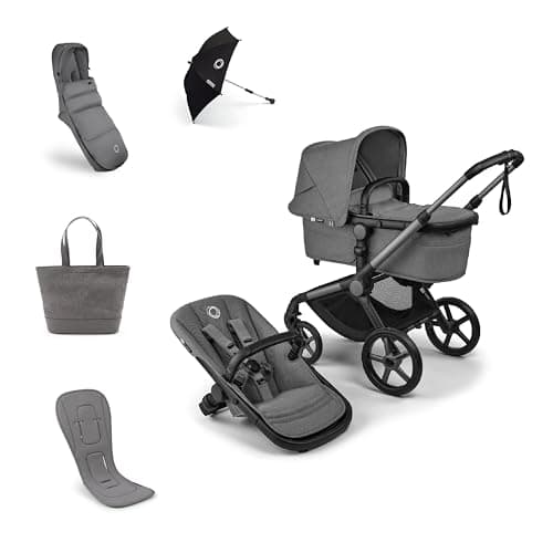 Image of Bugaboo Fox 5 Renew All-Seasons Pushchair Bundle, Includes Winter Footmuff, Seat Liner, Parasol and Changing Bag, Stroller with Easy One-Hand Fold and Manoeuvrability, Moon Grey Fabrics