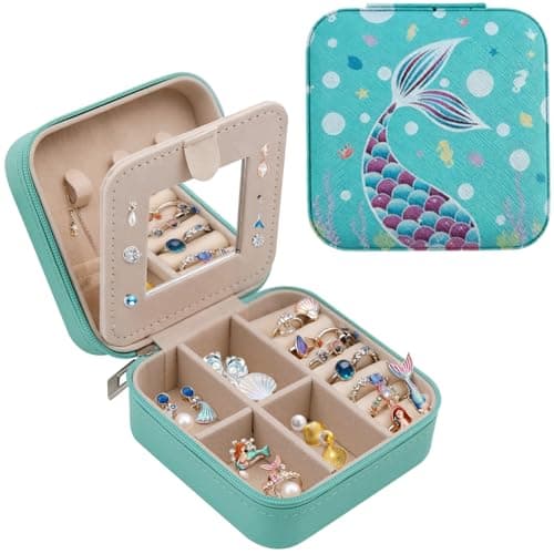 Image of JJQHYC Mermaid Jewellery Box for Girls, Small Jewellery Organizer Case Travel Jewellery Boxes with Mirror, Mermaid Gifts for Birthday Christmas