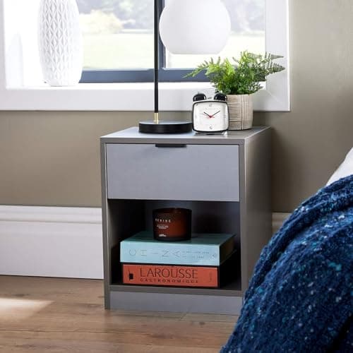 Image of Home Source Bedside Cabinet Lamp Side Table, Grey, 1 Drawer, Spacious Top, Engineered Wood