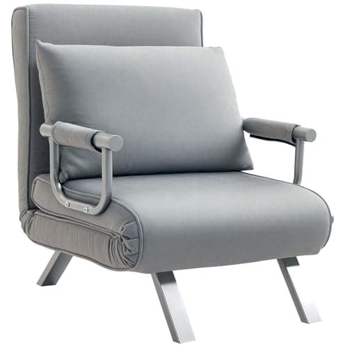 Image of HOMCOM Single Chair Bed, Click Clack Convertible Bed Settee, Modern Faux Suede Upholstered Lounge Couch with Pillow for Living Room, Guest Room, Light Grey
