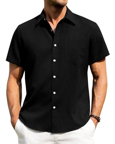 Image of J.VER Black Linen Short Sleeve Shirt Mens Summer Fashion Beach Holiday Regular Fit Casual Button Down Shirt 2XL
