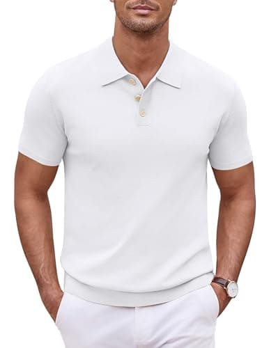 Image of COOFANDY Mens Short Sleeve Poloshirt Regular Fit Knitted Golf Shirt Polo Collar Summer Shirt White XXL