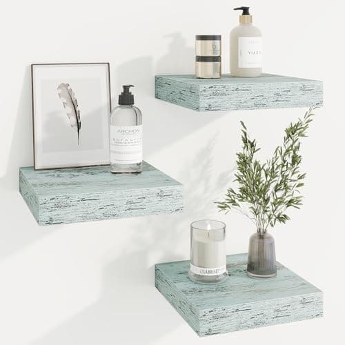 Image of Square Floating Shelves for Wall, 10"W x 10"D x 1.25"H, 3 Packs Small Wall Mounted Engineered Wood Shelves with Invisible Brackets for Living Room, Bedroom, Bathroom, Kitchen Decor, Washed blue