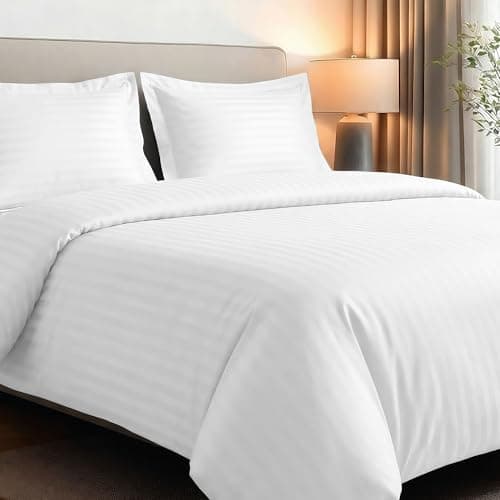 Image of Deconovo King Size Duvet Cover Sets White, Soft Microfibre Striped Bedding Sets, Embossed Stripe Design, OEKO-TEX Certified, Easy Care Kingsize Duvet Cover Sets(200x230cm, White)