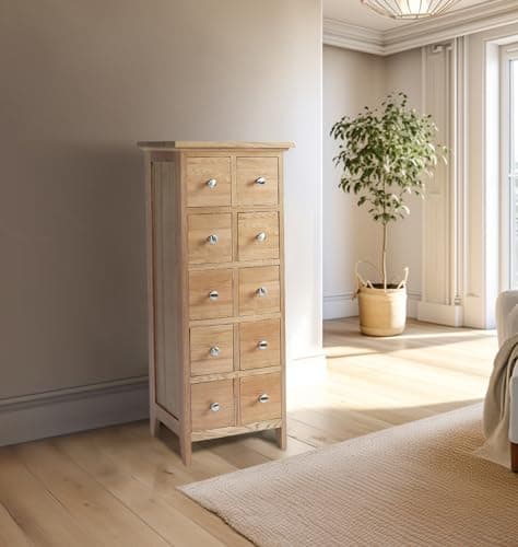 Image of Hallowood Furniture Camberley CD DVD Storage Unit in Light Oak Finish, Solid Wooden Media Oak Cabinet with 10 Drawers, DVD/CD Stand Organiser for Living Room or Office, Holds 230 CDs or 70 DVDs