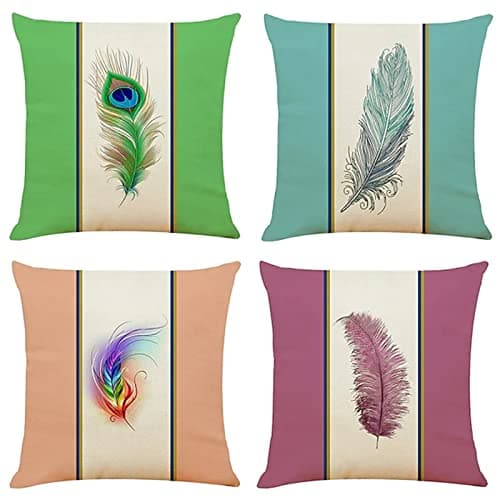 Image of Cushion Covers 16x16 inch Outdoor Cushions Set of 4 COLORFUL FEATHER Printed Pillow Covers Square Double Sided Velvet Cushions for Patio Couch Balcony Farmhouse Garden Decorative Pillowcases a1033